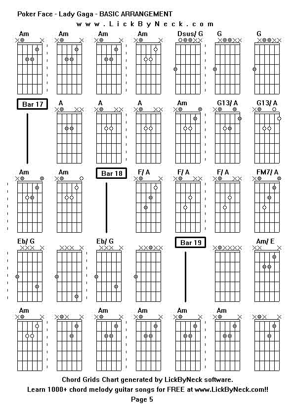 Chord Grids Chart of chord melody fingerstyle guitar song-Poker Face - Lady Gaga - BASIC ARRANGEMENT,generated by LickByNeck software.